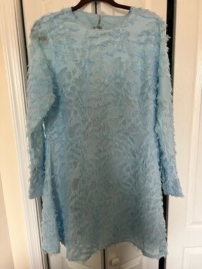 VILA Light Blue Long Sleeve Fringe-Texture Dress